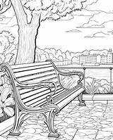 Lush Landscape Park Bench Coloring Pages  Premium AI Generated Image sketch template
