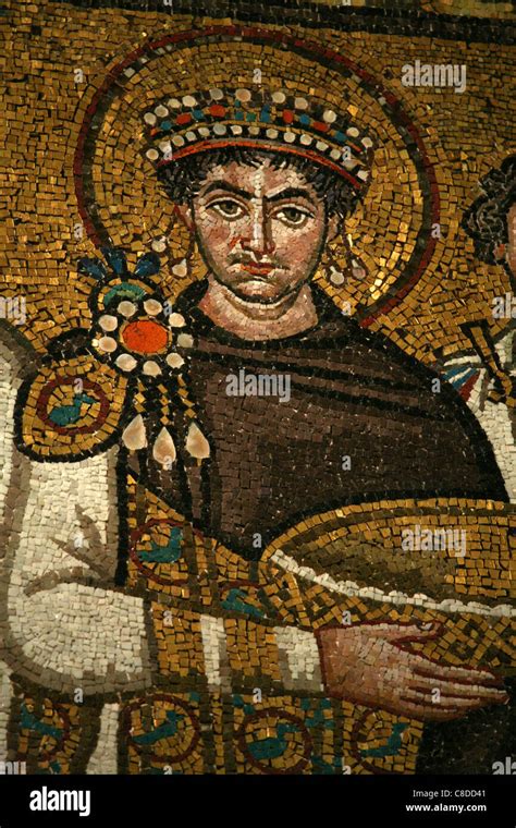 Byzantine Emperor Justinian the Great. Byzantine mosaics in the Basilica of San Vitale in ...