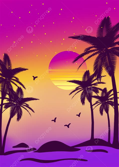 Gradient Color Starry Sky Summer Beach Coconut Tree Sunset Background Wallpaper Image For Free ...