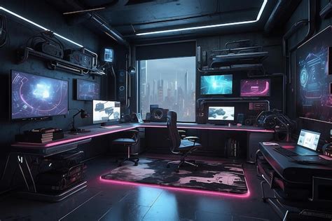 Premium Photo | Cyberpunk Home Office Futuristic Fusion in Urban Workspace