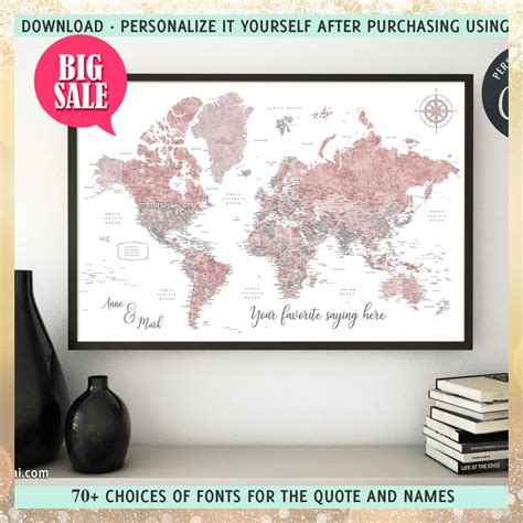 Personalized PRINTABLE world map with cities, "Piper", edit-it-yourself ...
