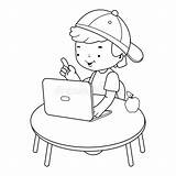 Child On His Desk Using The Computer Vector Black And White Coloring  sketch template