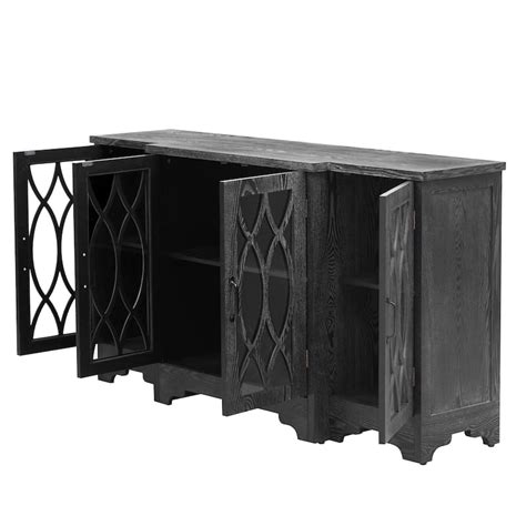 58 Inch Sideboard Buffet Cabinet with Glass Door, Curved Line Design Storage Cabinet with Black ...