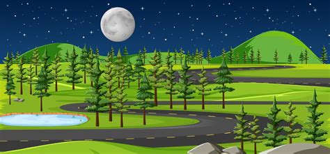 Long Road in Nature Landscape at Night Scene Stock Illustration - Illustration of park, green ...