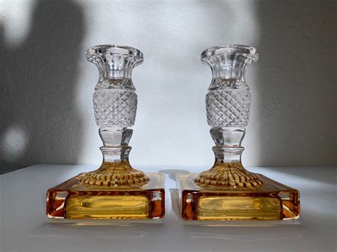 Antique Amber Glass Cut Etched Crystal Pineapple Stem Decoration Glass Home Decor Matching Pair ...