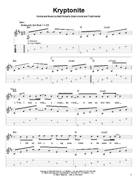 Kryptonite by 3 Doors Down Sheet Music for Guitar Tab (Single Guitar) at Sheet Music Direct