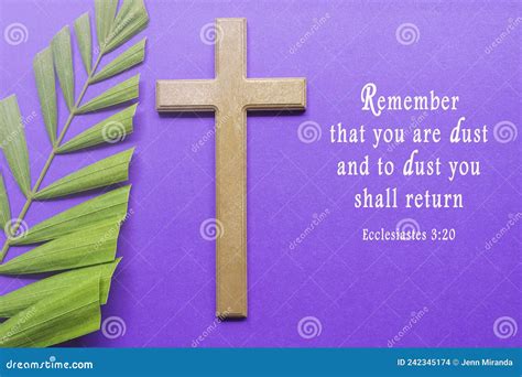 Ash Wednesday Bible Verse. Cross and Palm Leaves on Purple Background. Stock Photo - Image of ...