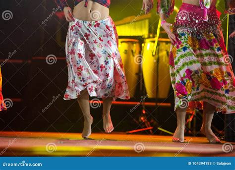 Young Dancer Woman Barefoot in Gypsy Dress Dancing on Stage Stock Photo ...