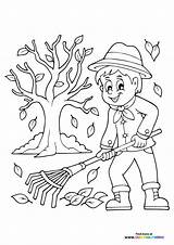 Boy raking Autumn leaves  Coloring Pages For Kids sketch template