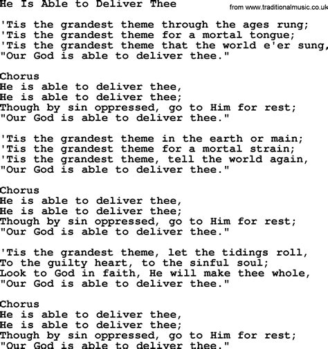 Baptist Hymnal, Christian Song: He Is Able To Deliver Thee- lyrics with PDF for printing