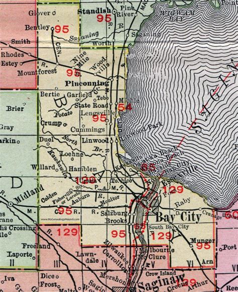 Bay County, Michigan, 1911, Map, Rand McNally, Bay City, Pinconning, Auburn, Kawkawlin ...