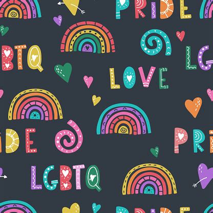 Fun Hand Drawn Lgbtq Seamless Pattern Colorful Background With Letters Hearts Rainbows Great For ...