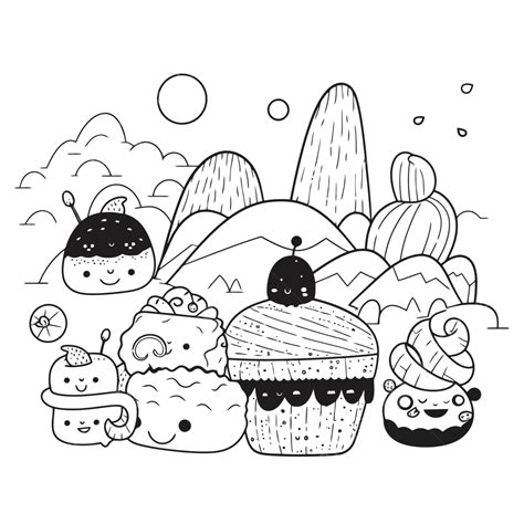 Coloring Pages Cute Animals In The Mountains Kawaii Outline Sketch Drawing Vector, Deserts ...