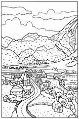 Coloring Book  Lovely Landscapemountains And Village In The valley sketch template