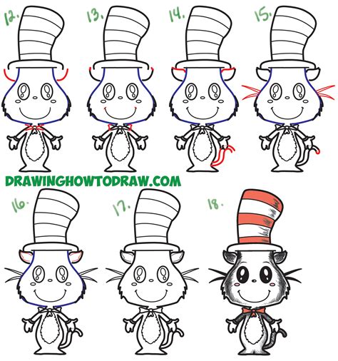 Learn How to Draw The Cat in the Hat : Cute Kawaii / Chibi Version Simple Steps Drawing Lesson ...