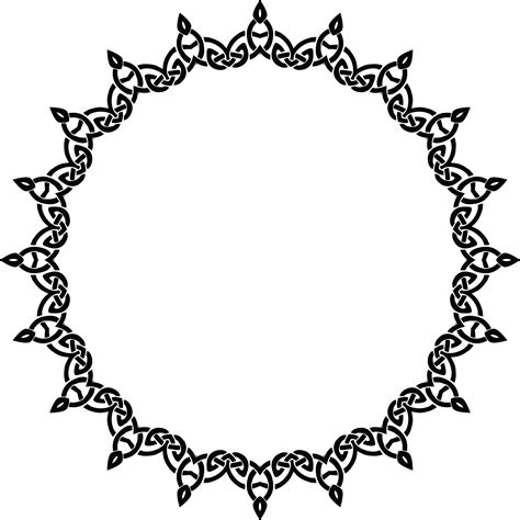 Free Clipart of a celtic round frame border design element in black and white knots