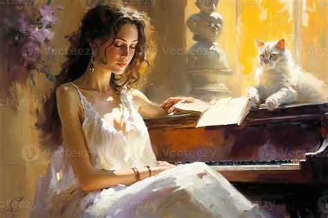 pianist with piano painting a dark haired smiling 25-year-old girl in a white 22249667 Stock ...