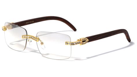 Men Rectangular Frame Clear Lens Designer Rimless Eyeglasses Rhinestones Glasses Frame Gold ...
