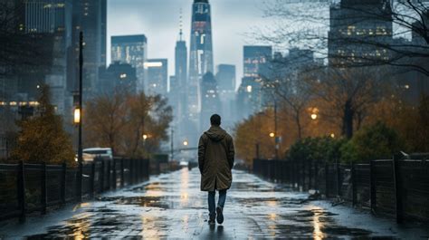 Man walking in the rain with city skyline in background 32456833 Stock Photo at Vecteezy