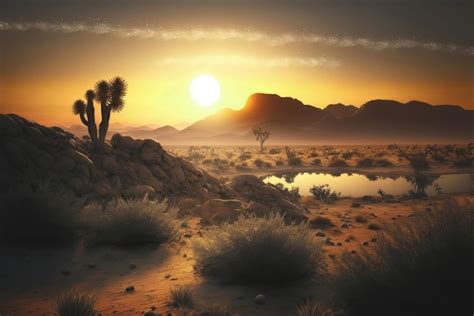 Premium Photo | A desert landscape with a sunset and mountains in the ...