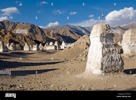 Buddhist stupas in typical Ladakh landscape , Shey, Ladakh , Jammu and ...