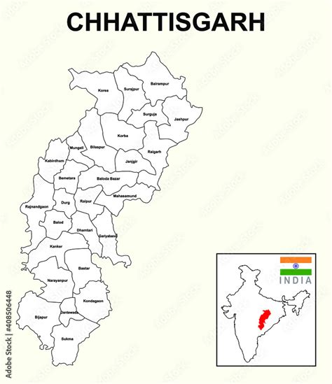 Chhattisgarh map. Political and administrative map of Chhattisgarh with the district name ...