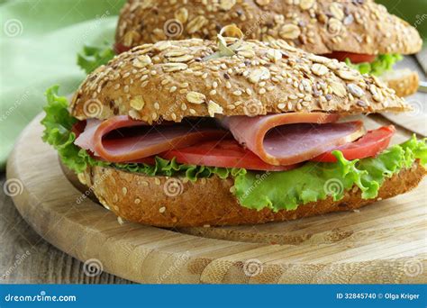 Sandwich Of Wholemeal Bread With Ham Stock Photo - Image: 32845740