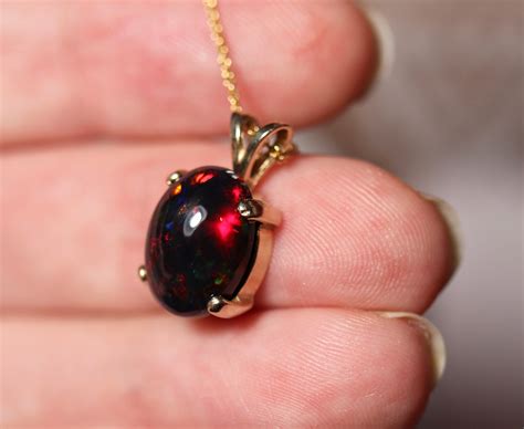 Fire opal necklace, black opal pendant, gold opal jewelry, red black opal, birthday gift, red ...