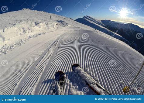 Snow Grooming Machine Tracks Stock Photo - Image of groomer, bright ...