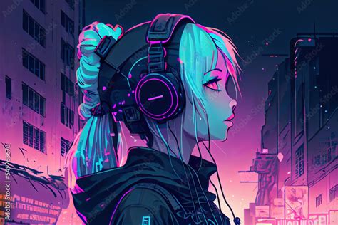 anime listen to music and vibe in city Stock Illustration | Adobe Stock