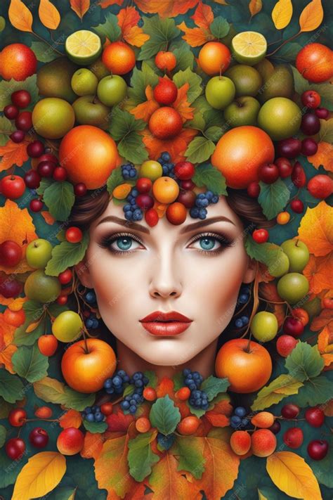 Premium AI Image | portrait of a woman surrounded by fall leaves vegetation and fruits autumnal ...