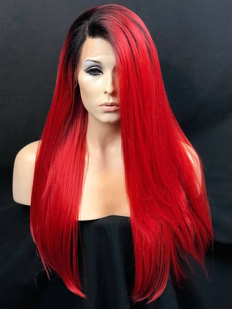 Cosplay Wig, Bright Red Wig, Dark Roots Red Wig, Lace Front Wig, Heat Safe Heat Friendly Wig ...