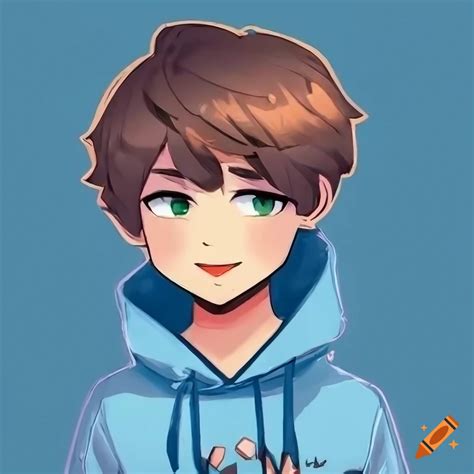 Cartoony anime 2d art of a boy with brown hair and blue hoodie on Craiyon