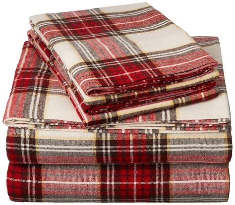 Pinzon Plaid Flannel Sheet Set - Twin Extra-Long, Cream/Red Plaid ...