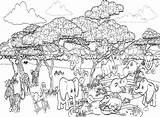 Rhino And Animals In African Savannah Landscape Coloring Page  Free sketch template