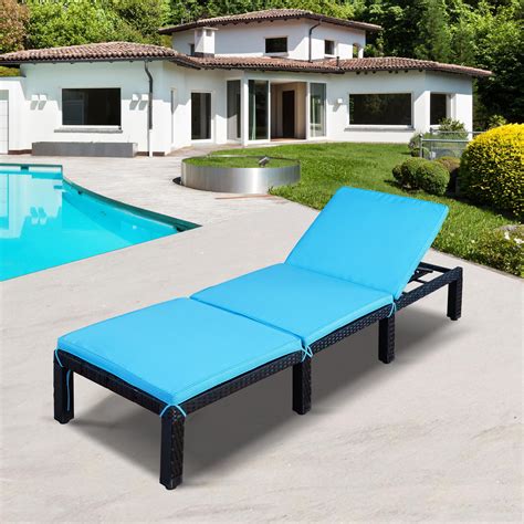 Clearance! Outdoor Chaise Lounges, Rattan Chaise Lounge Chairs with Blue Cushion, Adjustable ...