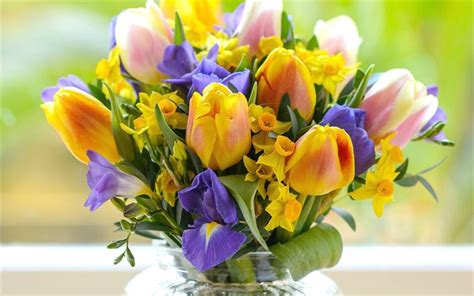Download wallpapers yellow tulips, spring bouquet, spring flowers ...