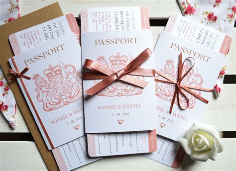 Rose Gold Sparkle Passport Wedding Invitations with Boarding Pass RSVP