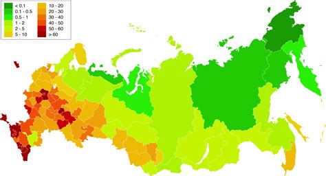 Russia - density of regions (2017) • Map • PopulationData.net