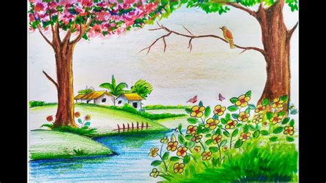 how to draw scenery of beautiful spring season step by step || easy || for kids - YouTube