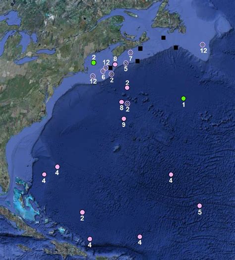 Map showing tagging ( ) and pop -up locations for 21 Porbeagle tagged ...