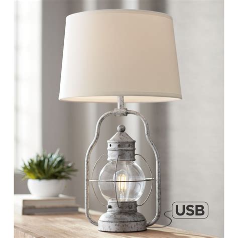 Franklin Iron Works Rustic Industrial Table Lamp with USB Port Nightlight LED Distressed Silver ...