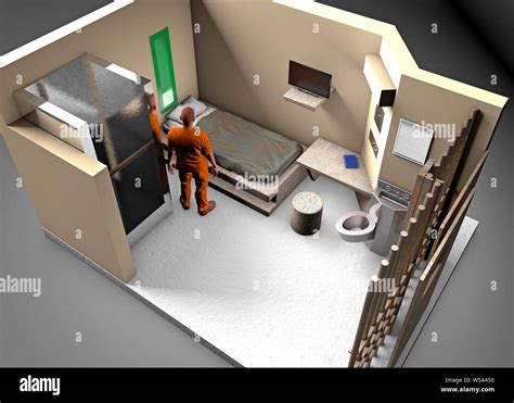 3d reconstruction of a prison cell, ADX Florence Supermax, Colorado penitentiary. US maximum ...