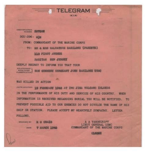 Telegram to John Basilone’s Parents Notifying Them of His Death – USS ...