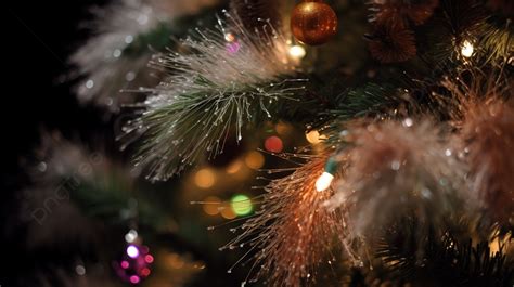 Closeup Christmas Tree With Lights Background, Picture Of Tinsel On A ...