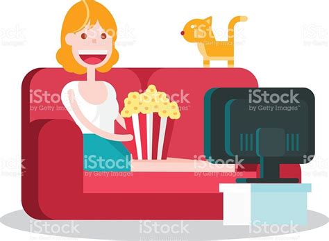 media.istockphoto.com vectors girl-watching-tv-with-popcorn-on-the-sofa ...