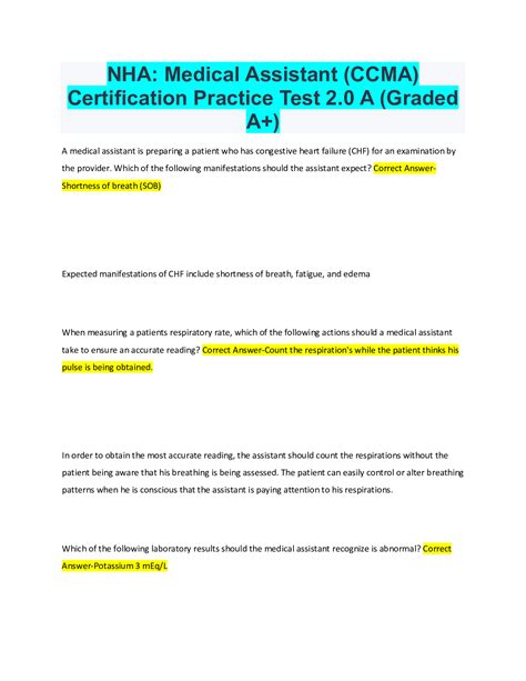 NHA: Medical Assistant (CCMA) Certification Practice Test 2.0 A (Graded A+) in 2022 | Medical ...