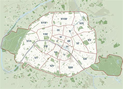 Map of Paris 20 boroughs (arrondissements) & districts