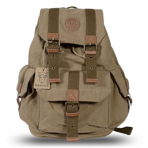 Rakuda Large Vintage Canvas Travel Backpack with Leather Straps Hiking ...