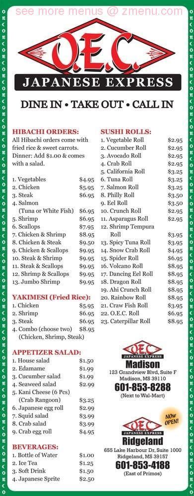 Online Menu of OEC Japanese Express Restaurant, Madison, Mississippi, 39110 - Zmenu